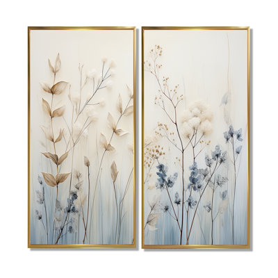 Beige et bleu, herbes, harmonie minimale - 2 feuilles d'art floral