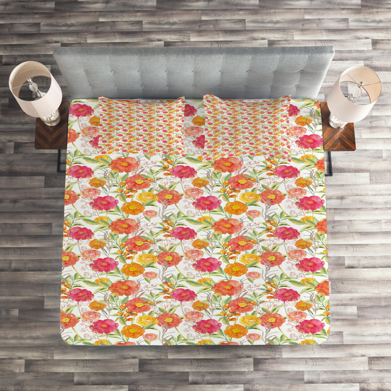 Farmhouse / Country Polyester Floral Coverlet, King Bedspread + 2 Shams, Pink/Green Floral