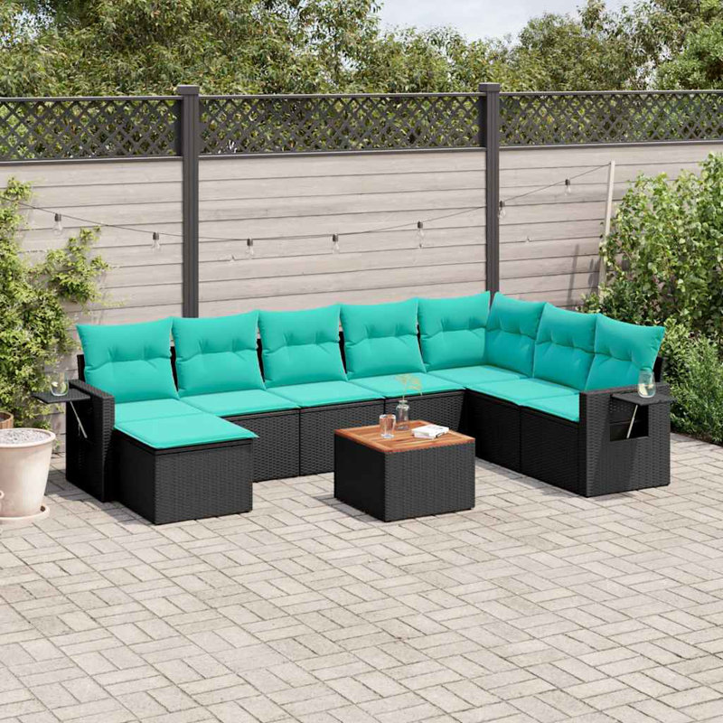 Ensemble de canapé de patio 9 pièces avec coussins en rotin de polyester, Bleu, Noir