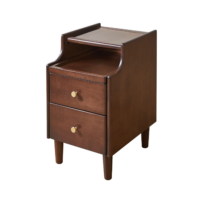 Table de chevet en bois massif avec deux tiroirs et rangement escamotable