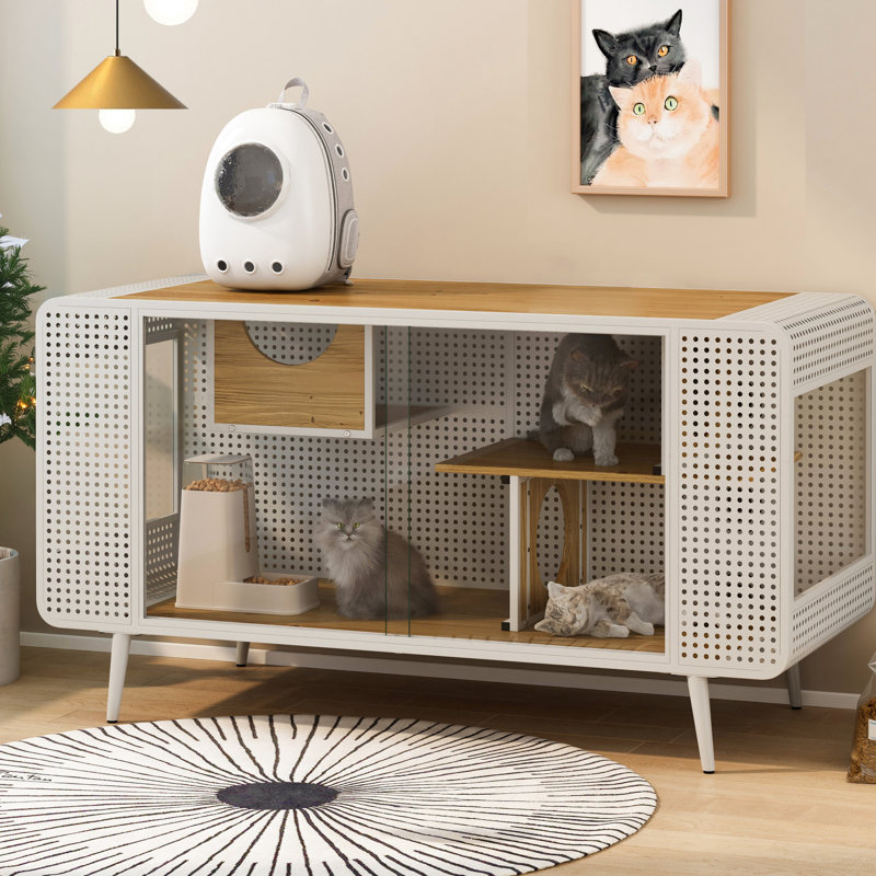 Maison de chat en blanc - Fabriquée avec du bois de sapin stable et une structure en fer, verre trempé spacieux pour les chats, fabrication en bois massif, cadre et salon adapté, bureau