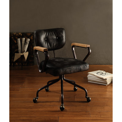 Chaise de bureau en cuir noir rétro - dossier moyen avec garniture de boutons et accoudoirs, siège pivotant inclinable, base en métal 5 en bois fixe pour un look élégant Coussin élégant