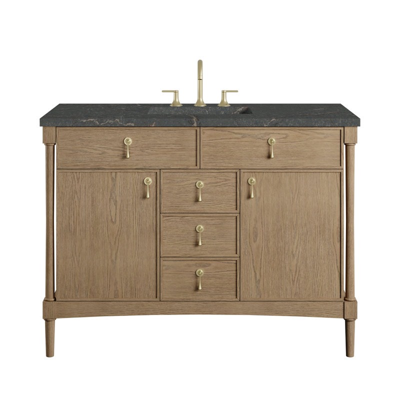 Kinnsden 48" W Single Vanity, Parisien Bleu Silestone, 8" Widespread, Weathered Oak
