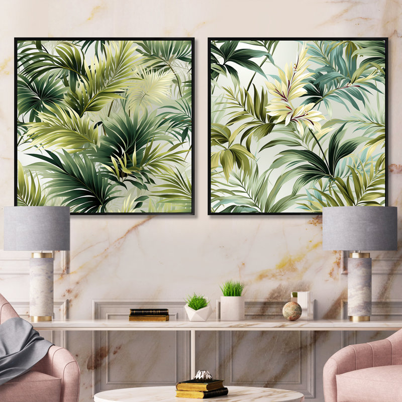 Lignes tropicales à motif tropical - ensemble de 2 collages carrés tropicaux, Cadre flottant noir, H 30 po x l 61 po