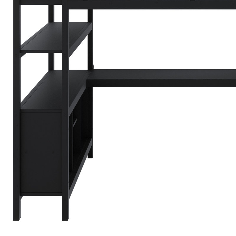 Lit mezzanine en métal avec garde-robe et bureau en L, avec cubes de rangement et tablettes, Noir