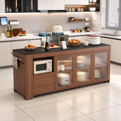 Chariot roulant avec rangement et grand comptoir, table mobile Trei avec station de préparation pour l'organisation de la cuisine à domicile