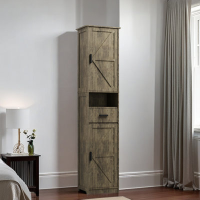 Armoire de rangement de 69 po de hauteur avec 2 portes de grange et 1 tiroir, unité de rangement étroite, tablettes réglables, armoire de plancher pour la salle de bain, le salon, le vestibule, la cuisine