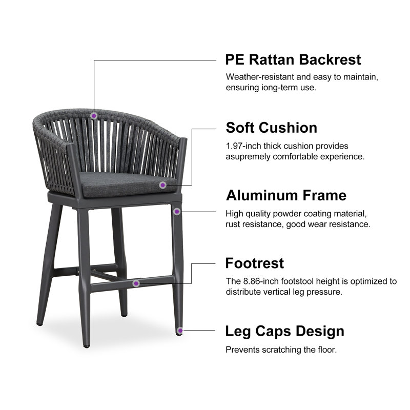 Tabourets de bar en rotin Alakai, Gris, Gris, 24"