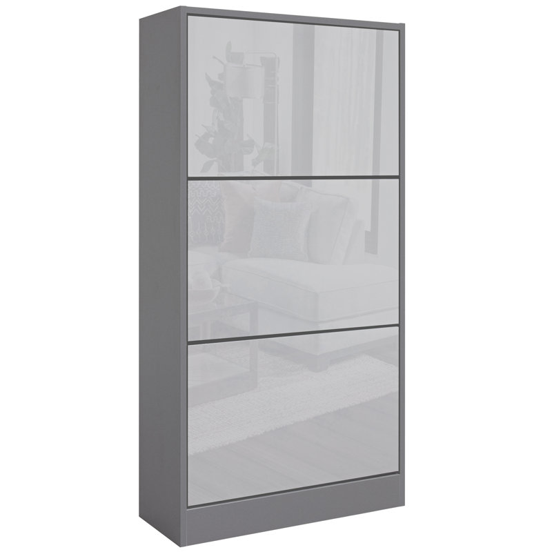 Blisswood High Gloss 3 Drawer Flip Down Shoe Storage Free Standing Cabinet For Hallway, High Gloss Dark Grey/Silver Grey