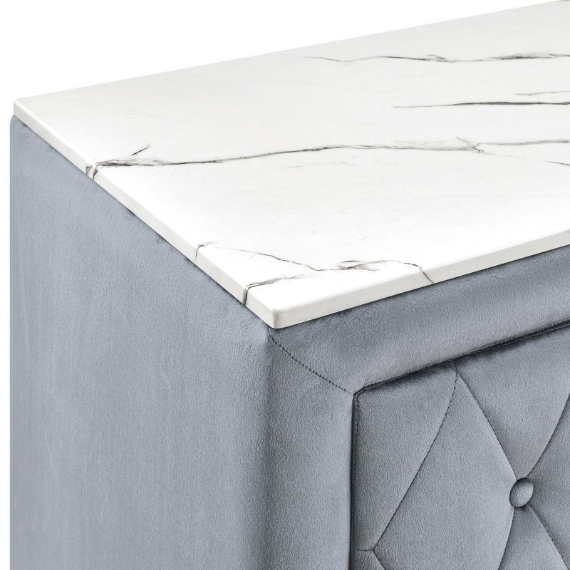 Table de chevet pour chambre à coucher de style moderne, gris, plateau en faux marbre, deux tiroirs de rangement, tissu à boutons et gris cristal