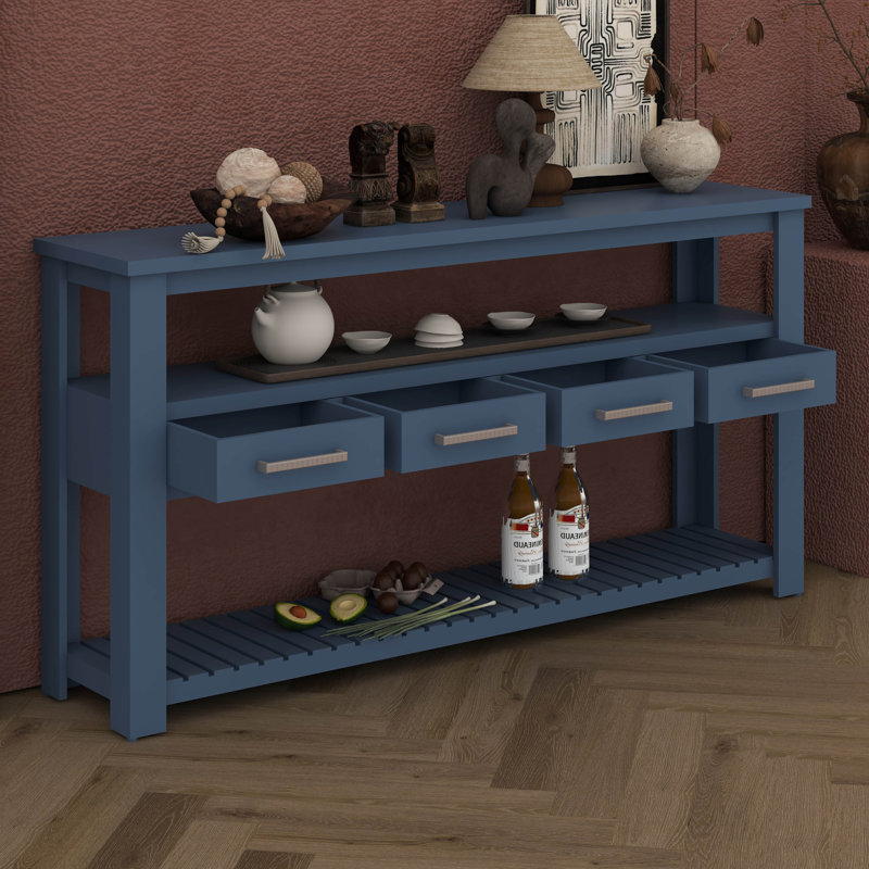 Grande console de 62,2 pouces avec 4 tiroirs, tablettes ouvertes à 3 niveaux, poignées en métal et pieds réglables, Marine