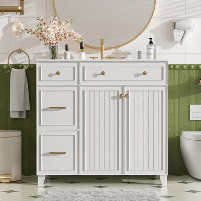 Meuble-lavabo moderne avec lavabo en céramique, tiroirs standard et double couche, portes à fermeture douce, tablettes réglables pour des salles de bain fonctionnelles et élégantes