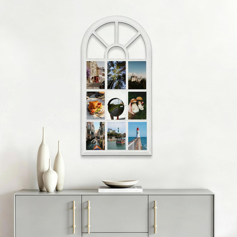 Fenêtre arquée avec cadre 9 photos, collage en PVC blanc mat pouvant contenir des photos de 4 x 6, Blanc