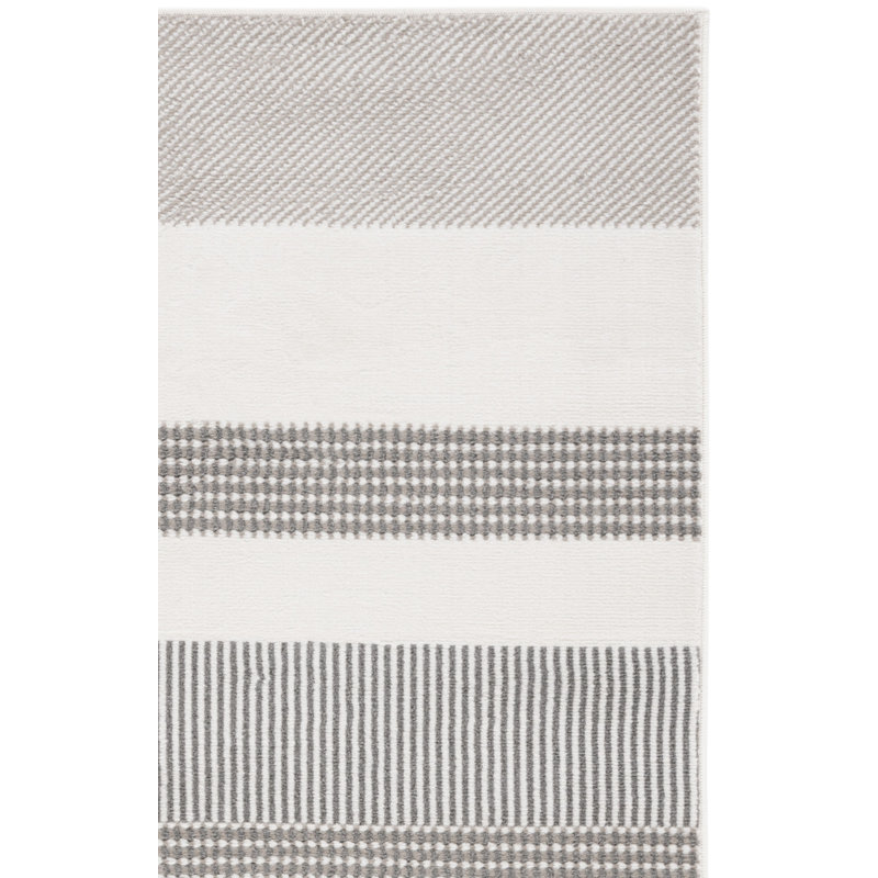 Tapis rayé en polypropylène tissé à la machine en ivoire / gris Moindou, Rectangle 9 pi x 12 pi