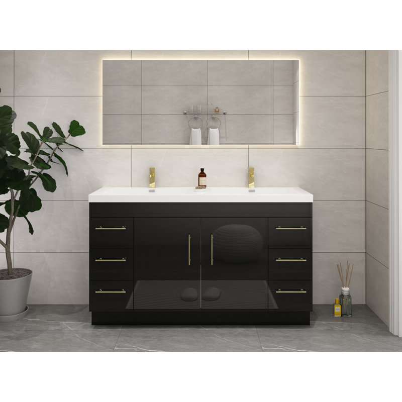 Ensemble de meuble-lavabo double 60 po Carliss, Noir, Or