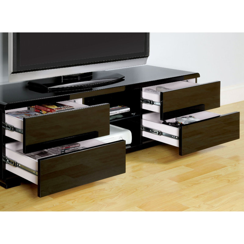 Console contemporaine noire avec revêtement laqué ultrabrillant, tiroirs pleine extension et gestion des câbles arrière, profondeur de 15,31 pouces