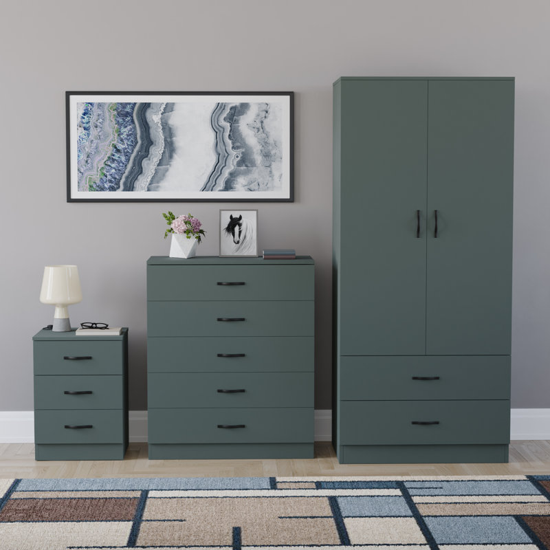 Maybery 3 Piece Bedroom Set (3 Drawer Bedside Chest, 5 Drawer Chest, 2 Door 2 Drawer Wardrobe), (4), Green
