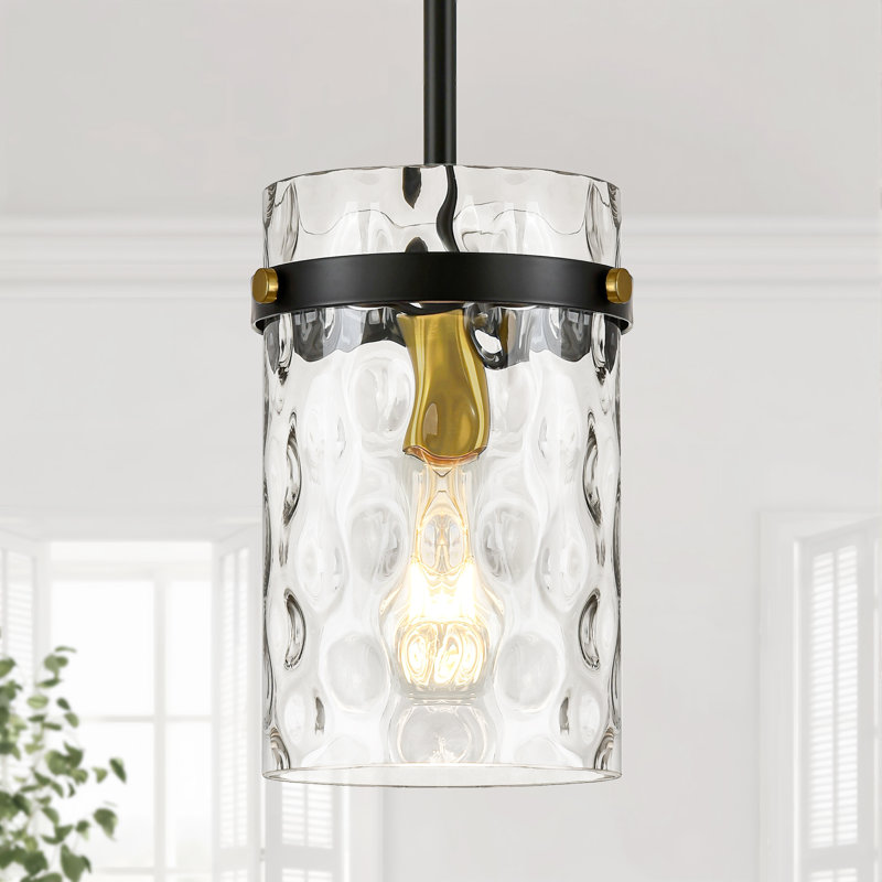 Luminaire suspendu pour îlot de cuisine 1 lumière 5,9 po avec abat-jour en verre martelé transparent Levona, Noir / or