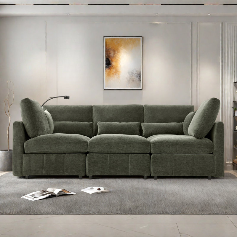 Canapé modulaire moderne avec repose-pieds mobile, 2 ports USB et support pour téléphone, Chenille verte