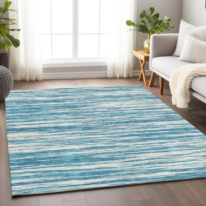 Tapis bleu sarcelle lavable à la machine Premium Prisco, Rectangle 10 pi x 14 pi