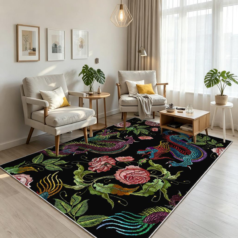 Tapis asiatique transparent lavable à la machine, dragons chinois et fleurs, Rectangle 71 po x 98 po