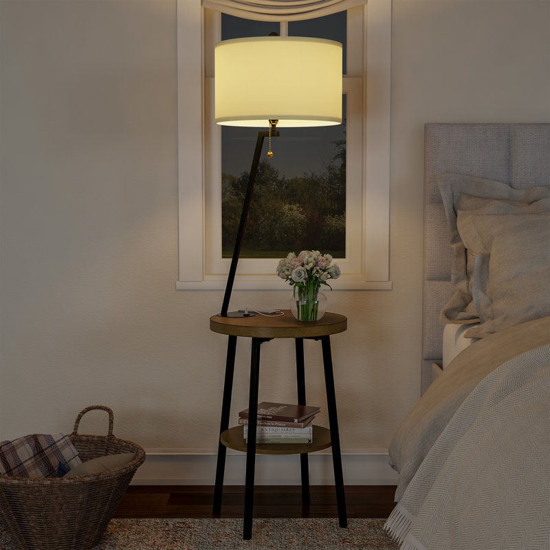 Belhaven Floor Lamp with Table - Mid-Century Modern Nightstand or Side Table with USB Charging Port and Drum Shade - Standing Light with Shelves