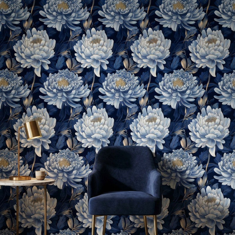 Papier peint floral, adhésif mural bleu marine moderne