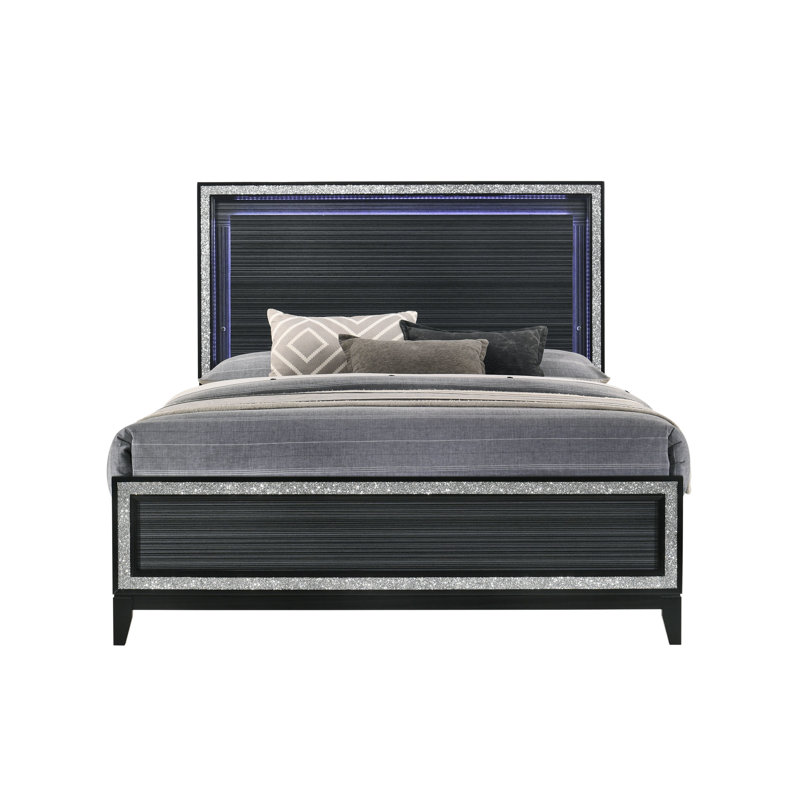 Lit pour grand lit au fini noir patiné avec DEL - Contreplaqué robuste, capacité de 660 lb, éclairage intégré élégant et garniture argentée en bois d'hévéa