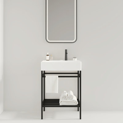 Meuble-lavabo 24 po avec lavabo en céramique, ensemble de lavabo console sur pied, lavabo rectangulaire en céramique brillant sans robinet, pieds en métal ouverts, tablettes de rangement