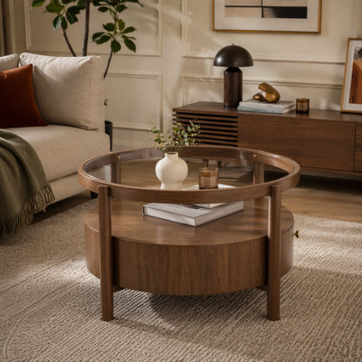 Solid Wood Round Glass Top Coffee Table with Storage Drawer, 2-Tier Mid Century Modern Circular Center Table