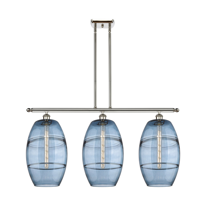 Luminaire suspendu pour îlot de cuisine 3 lumières Dundrod, Bleu princesse, Nickel poli