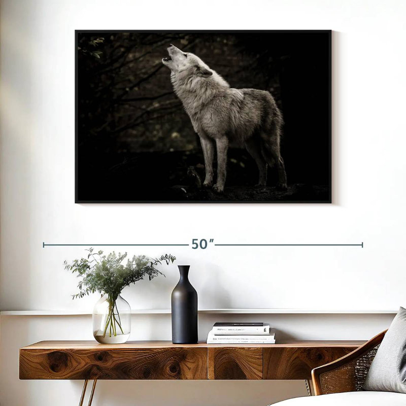 Le loup solitaire, 40 po x 27 po, Cadre flottant noir