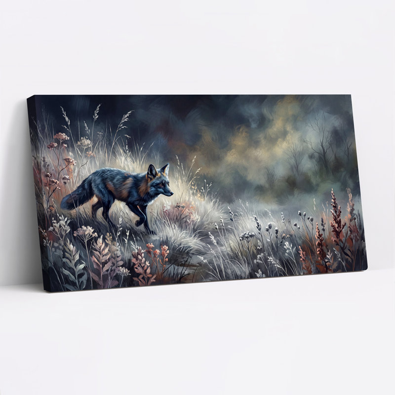 Art mural sur toile, "Renard argenté marchant dans de hautes herbes", 58“W x 28”H
