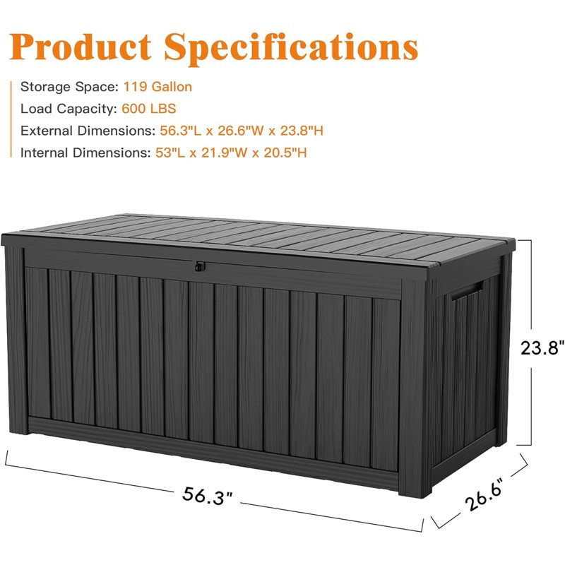 119 Gallon Outdoor Storage Box, Waterproof Deck Box With Handles And Lockable Lid, Resin Patio Storage Box With Hydraulic Rods For Garden Tools, Cushions
