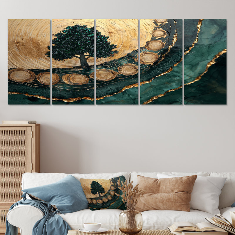 Forêt de pins, paysage sur Emerald Horizon III - Art mural forêt - Art mural traditionnel pour le salon, 5 pièces