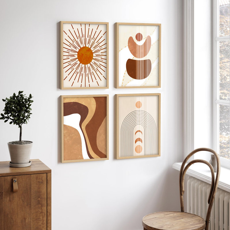 «Brown Mid Century Modern Shape Abstract Artwork Artwork Decor», 4 pièces, Or, H 14 po x l 11 po