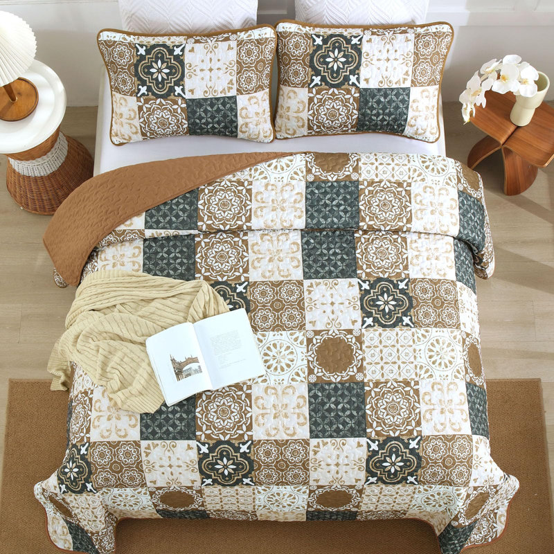 Ensemble de courtepointe 3 pièces Patchwork Boho, Courtepointe très grand et 2 très grandes taies