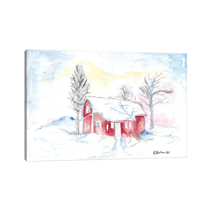 Afternoon Sun During Scandinavian Winter with Red House by Markus & Martina Bleichner - Wrapped Canvas Graphic Art 1 Piece Wrapped Canvas Wall Art
