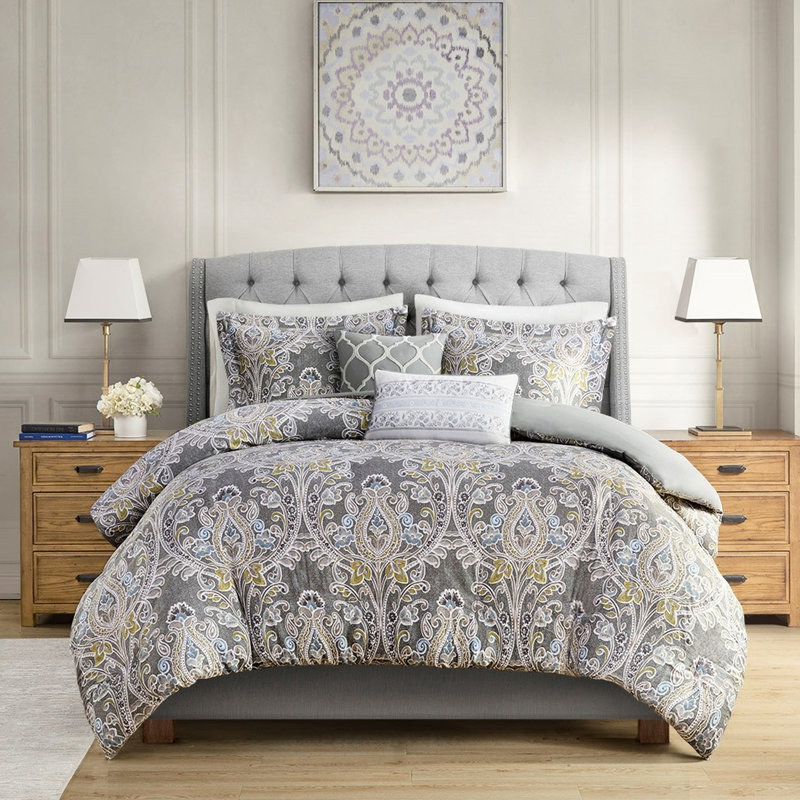 Housse de couette 5 pièces en coton gris pour lit très grand avec fermeture à boutons et coussins décoratifs de taille décorative brodée