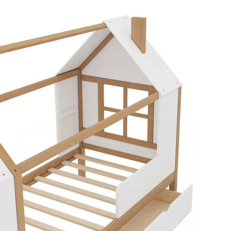 Lit plateforme simple avec tiroirs, lit maison en bois massif avec tablettes, conception enfantine, blanc et naturel