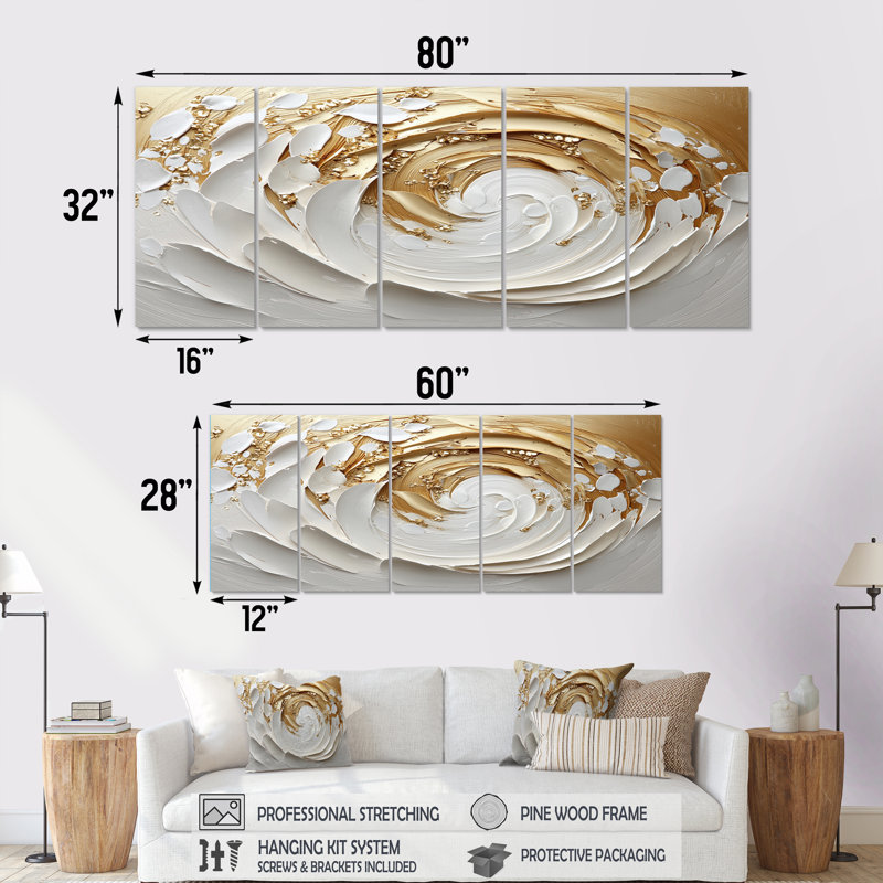 «White and Gold Rose In Vortex Love I», ensemble de reproductions d'art murales à spirales abstraites, H 28 po x l 60 po