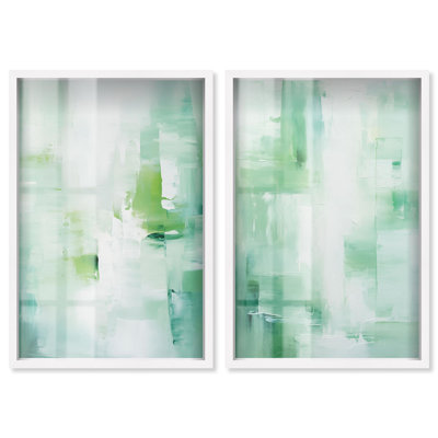 Ensemble artistique « Emerald Mist Duo Shadowbox » de Art Remedy, avec une impression bleue et sauge, cadre noir, 16 x 24