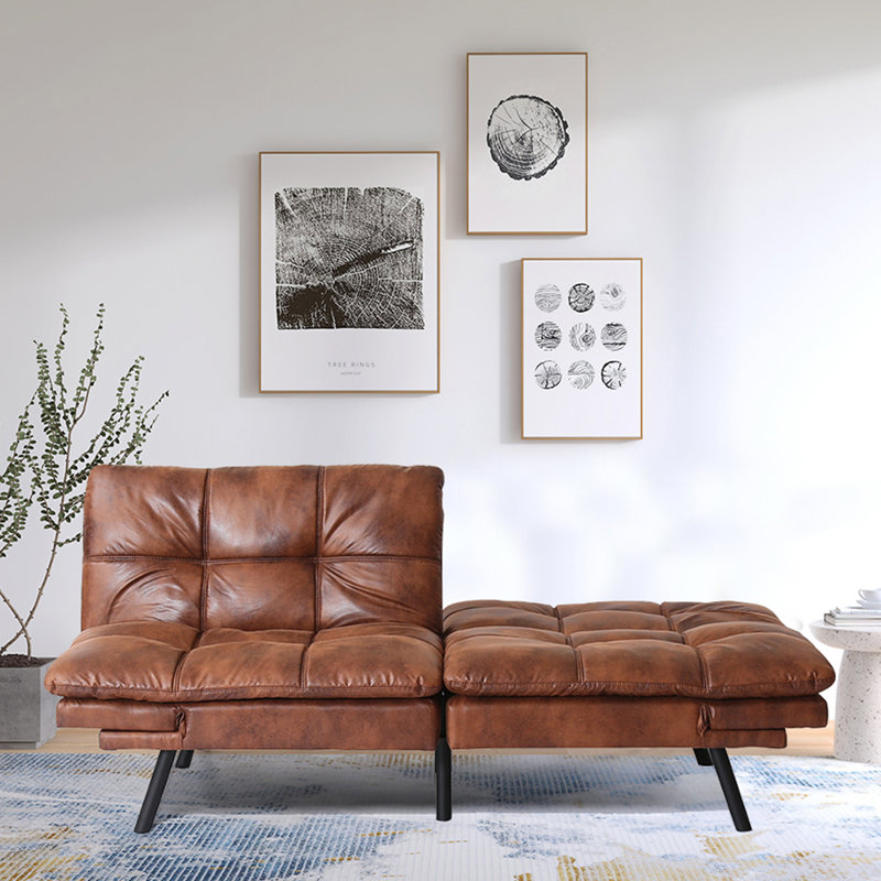 Debara 71'' Upholstered Futon Sofa, Memory Foam Futon Couch Bed, Modern Folding Sleeper Sofa, Brown Faux Leather