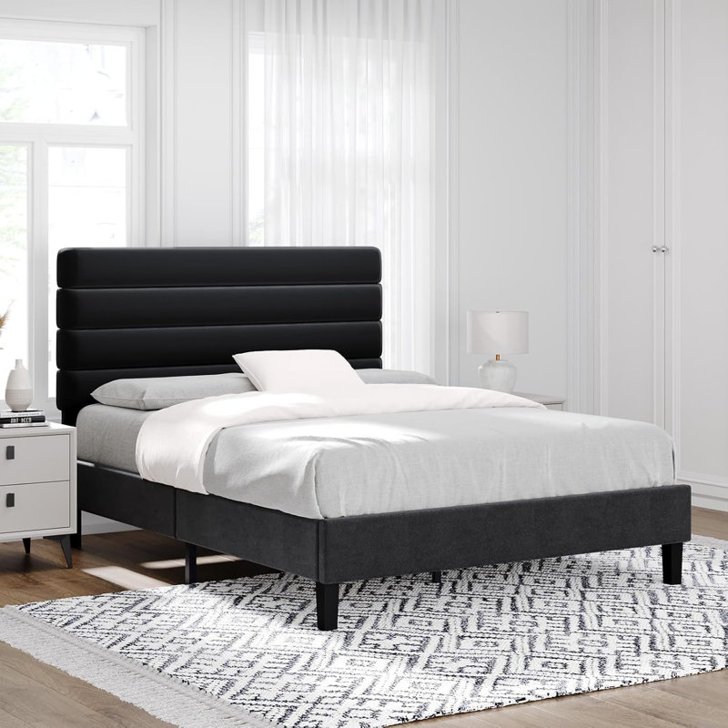 Cadre de lit avec tête de lit, cadre de lit plateforme avec tête de lit tapissier en velours, Grand, Noir