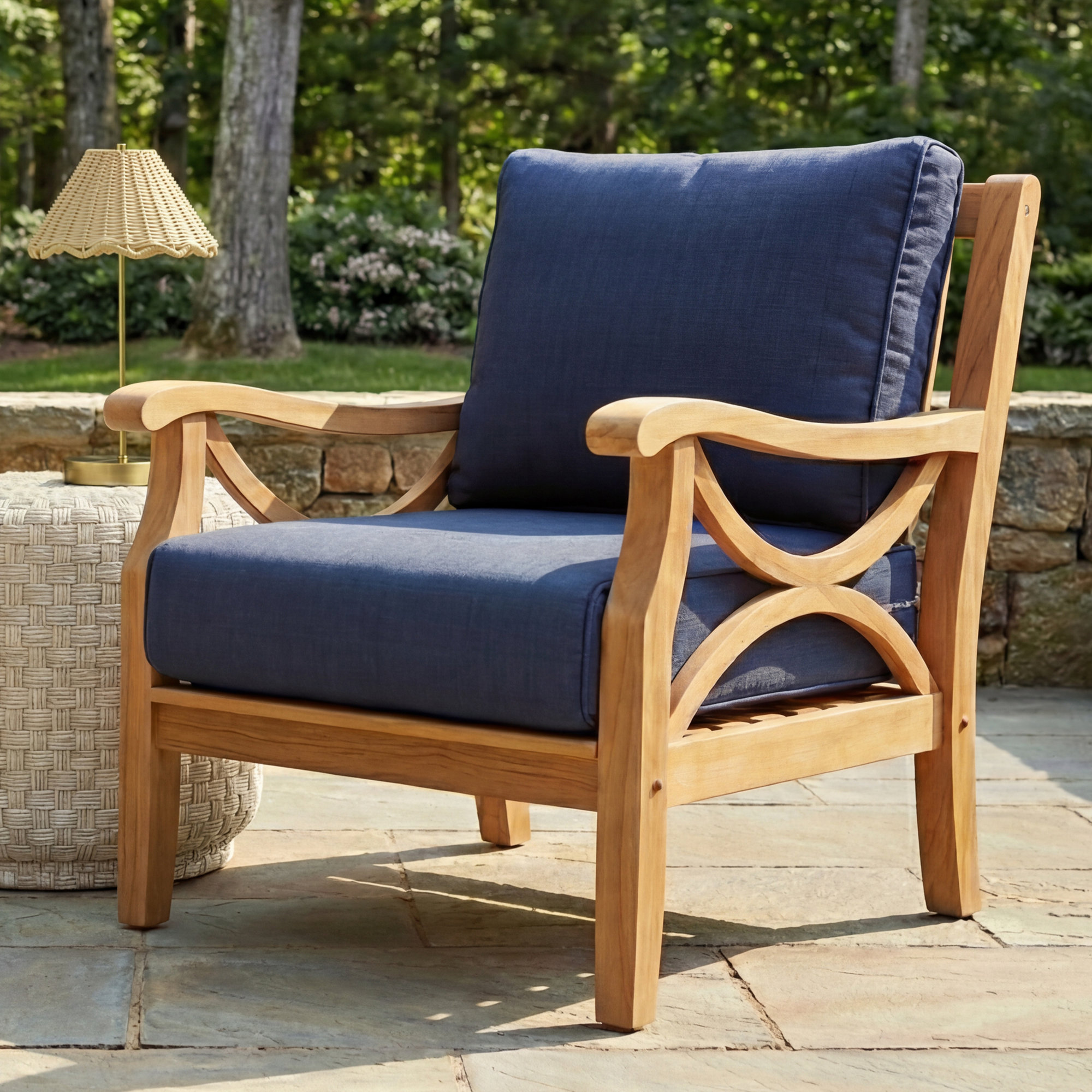 Brunswick Teak Patio Chair with Cushions, Navy Performance Olefin, Natural