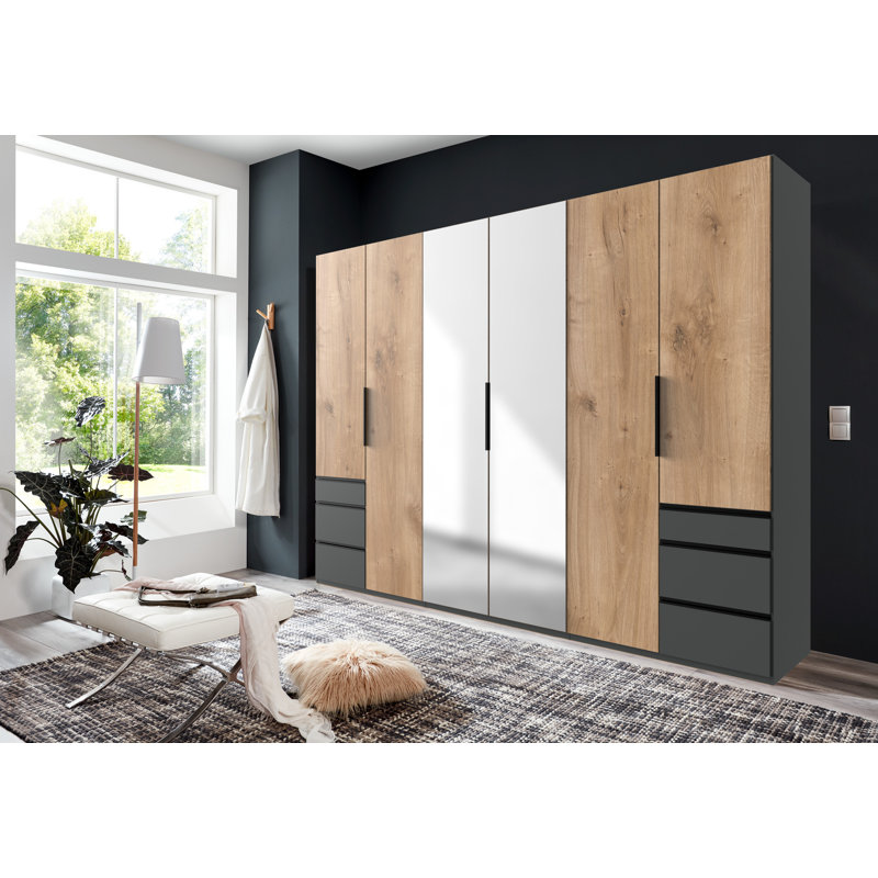 Guardino 6 Door Wardrobe, 236cm H x 300cm W x 58cm D, Graphite/Plank Oak