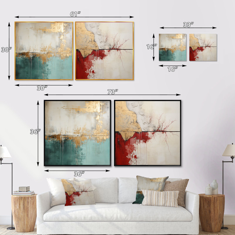 Minimalisme - horizon doré et bleu sarcelle - ensemble de 2 collages abstraits carrés, Cadre flottant doré, H 16 po x l 33 po