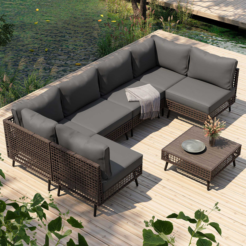 7 Pieces Wicker Sectional Seating Group with Cushions, Dark Gray/Gray