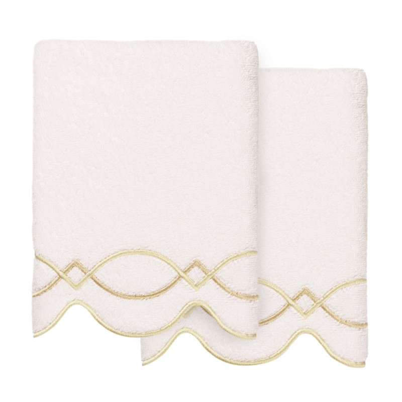  100% Turkish Cotton DIAMOND CHAIN Scallop 2PC Embellished Hand Towel Set, Hand Towel - 2 Pack, White/Beige