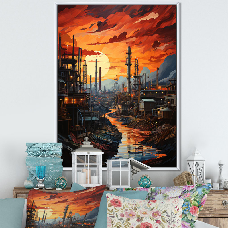 Semarang " Orange Oil Rigs Oil Odyssey ", 20" H x 12" W x 1" D, White Floater Framed